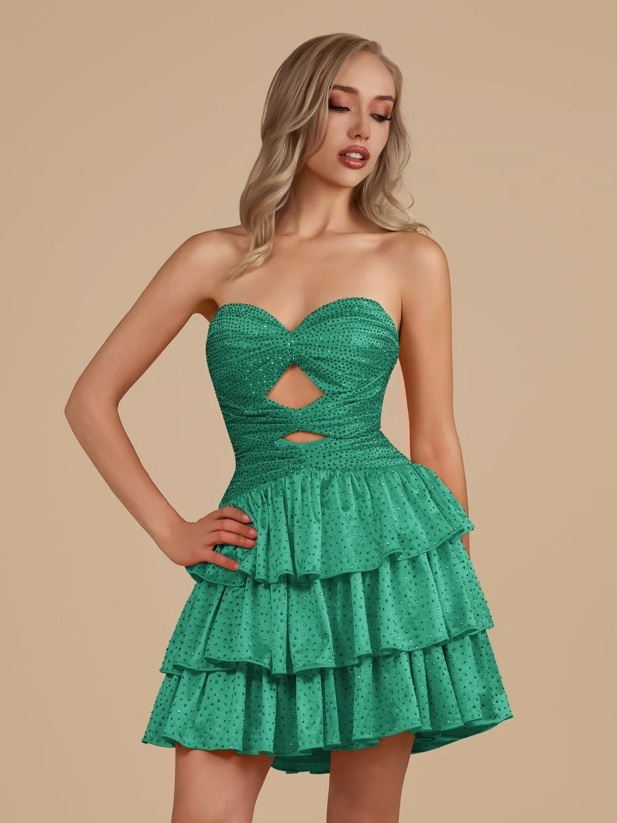 Green - A Line Sweetheart Satin Cut Out Ruffled Homecoming & Cocktail Dresses with Beads