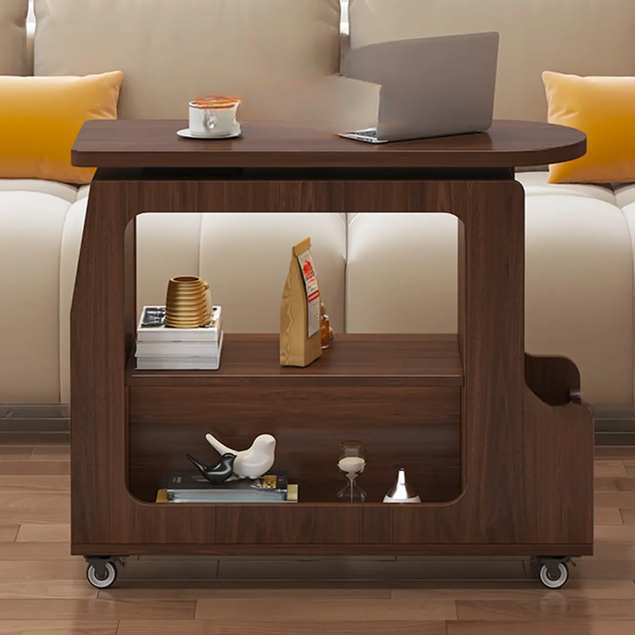 Versatile Modern Brown Half-circle Wheeled Side Table