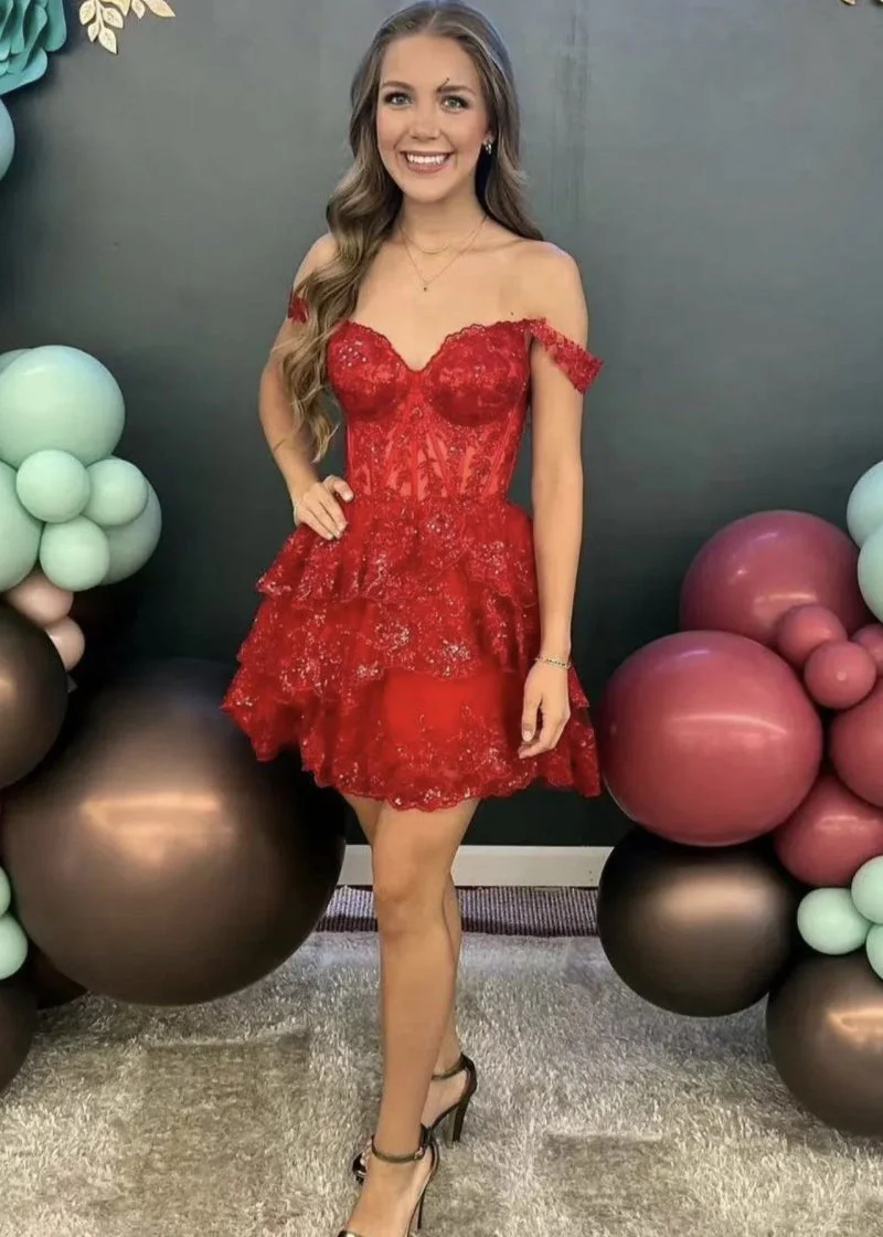 Red - A-Line Sweetheart Tiered Short Homecoming & Cocktail Dresses