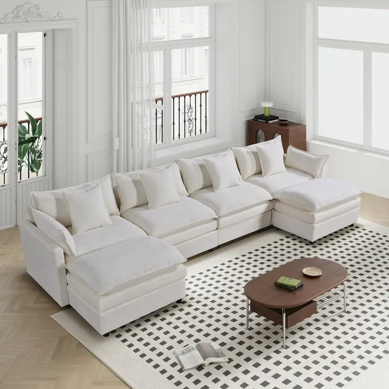 White 142.52  U-Shaped 6 Seater Sectional Sofa with Convertible Chaise and Ottomans, Spacious Cloud Couch