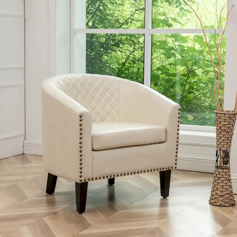 KINWELL PU Leather Tufted Barrel Chair Club Armchair with Nailheads
