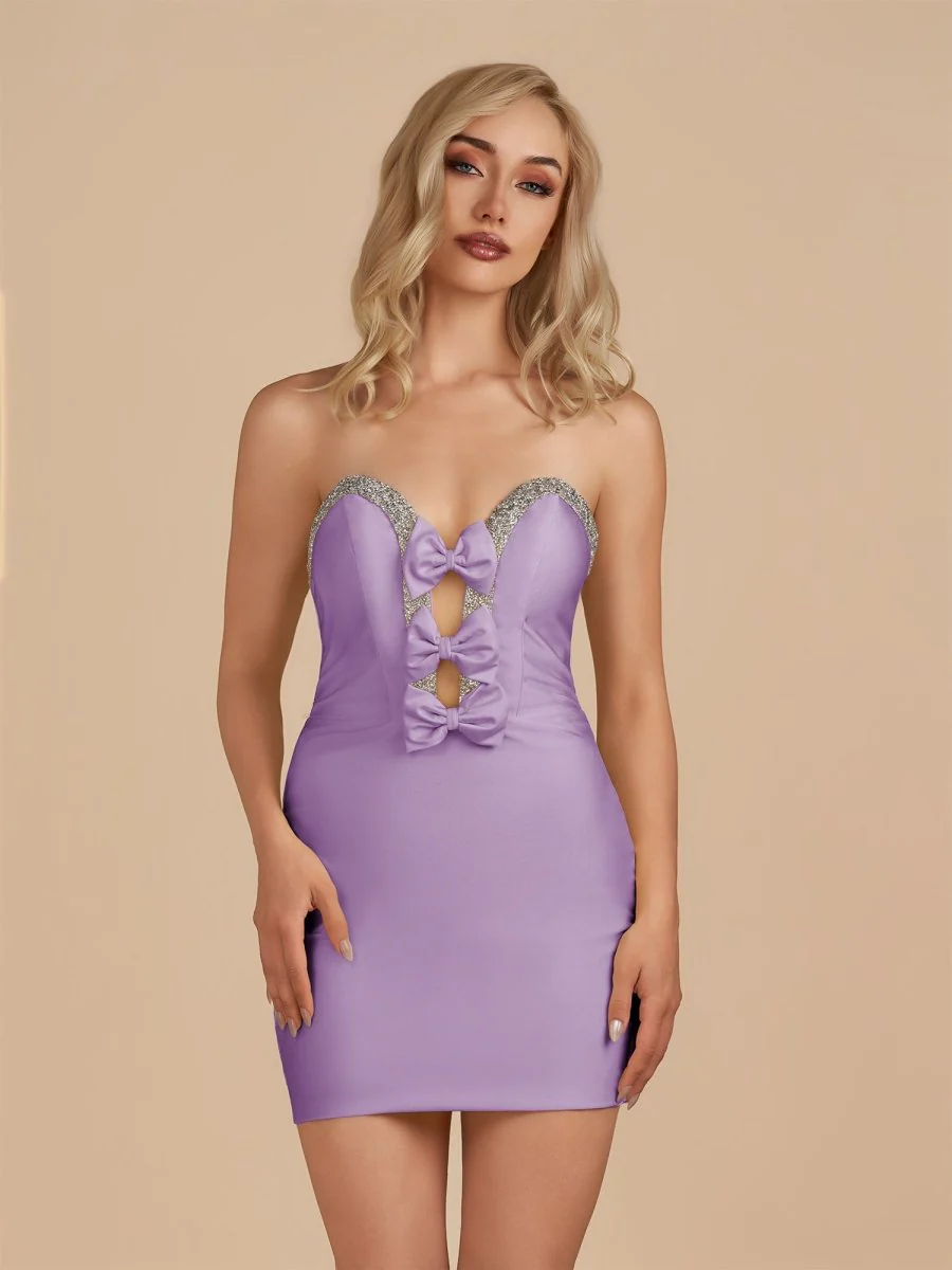 Lilac - Bodycon Strapless Cut Out Satin Beaded Homecoming Dress With Bows