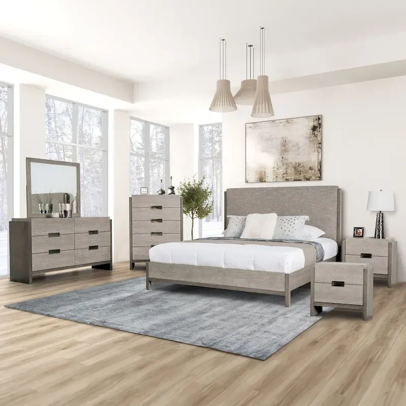 Furniture of America Cruz Contemporary Gray Solid Wood Panel 6-Piece Bed, 2 Nightstand, Chest, Dresser and Mirror Bedroom Set