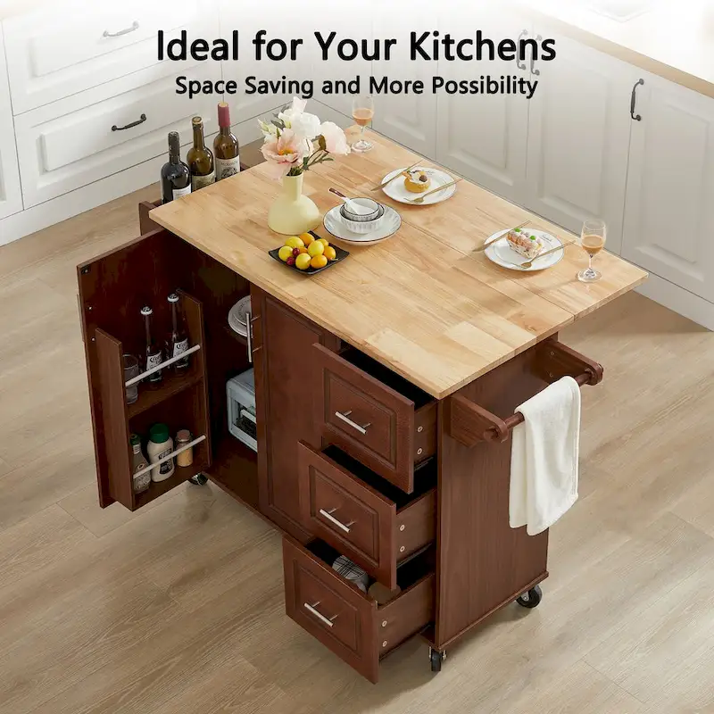 Kitchen Island with Drop Leaf Countertop and Rolling Cart