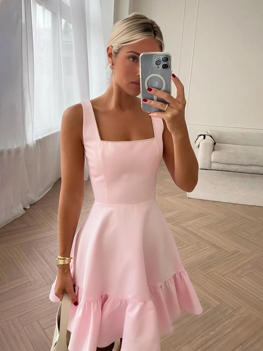 Pink - A Line Satin Square Neck Ruffles Short Homecoming Dresses