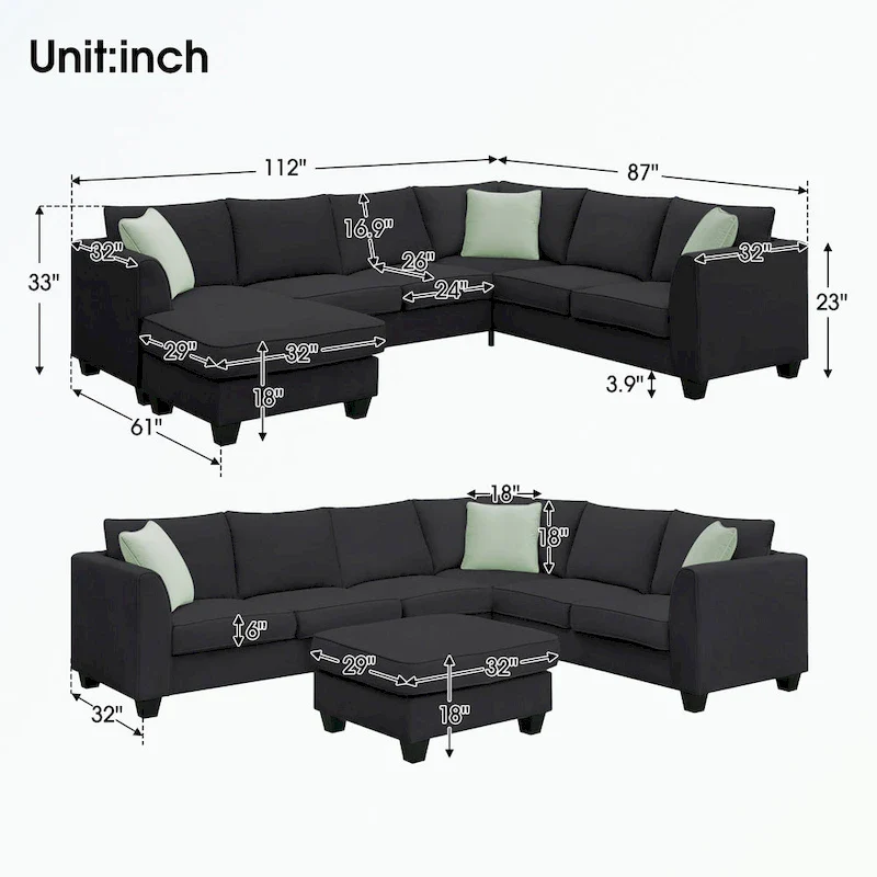 Modular Sectional Sofa with Ottoman and 3 Pillows