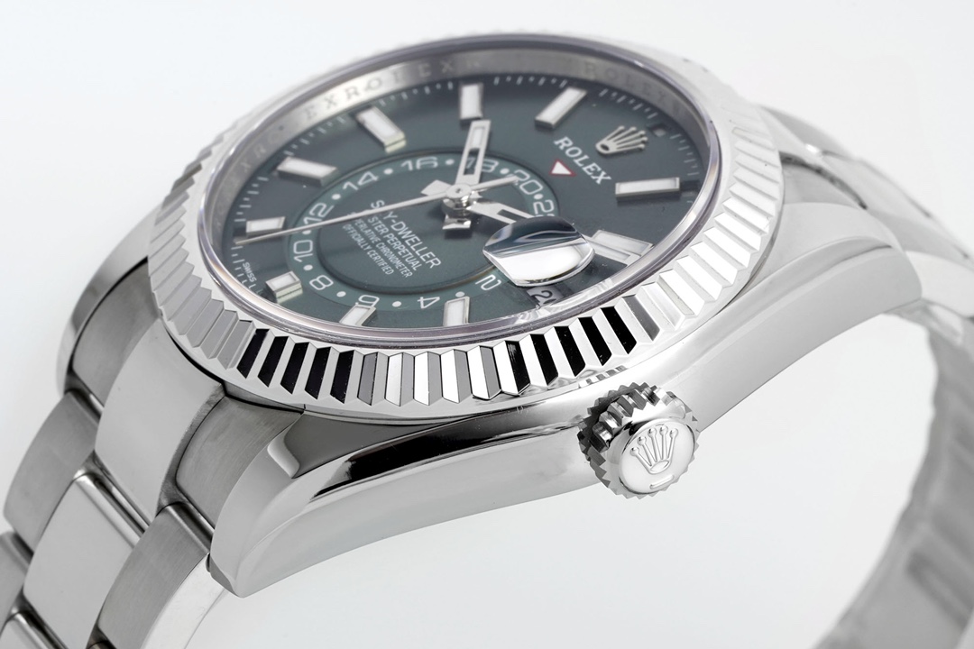 Close-up detail of the Rolex Sky-Dweller replica dial showing luminous hands, date cyclops lens, and SKY-DWELLER text