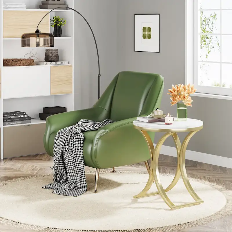 White / Black / Brown Round Faux Marble Top Side Table with Gold Metal Frame, Modern Style, 1-Person