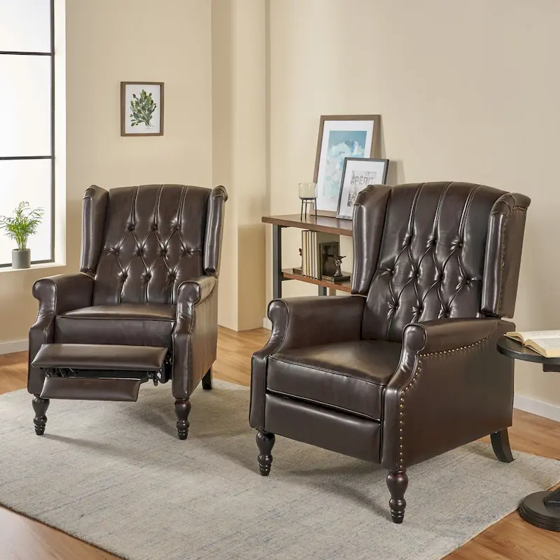 Classic Tufted Bonded Leather Recliner Set (2-Piece) with Nailhead Trim