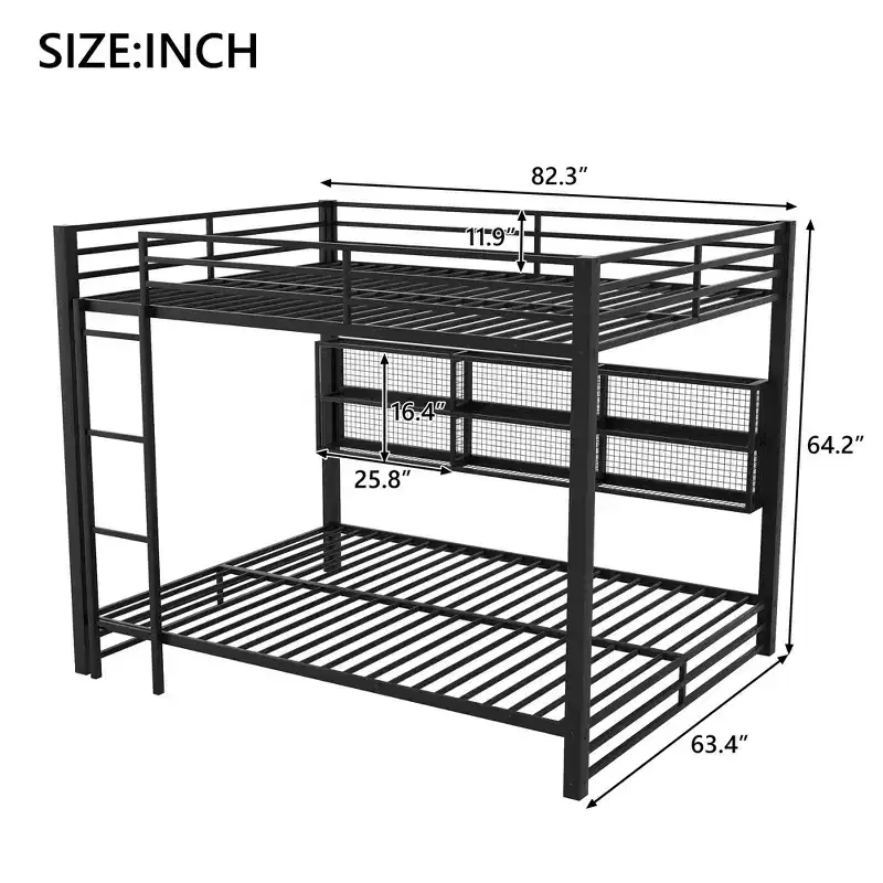 Luxystar Queen Size Metal Bunk Bed with 6 Open Storage Cabinets and 7-Color LED, Black