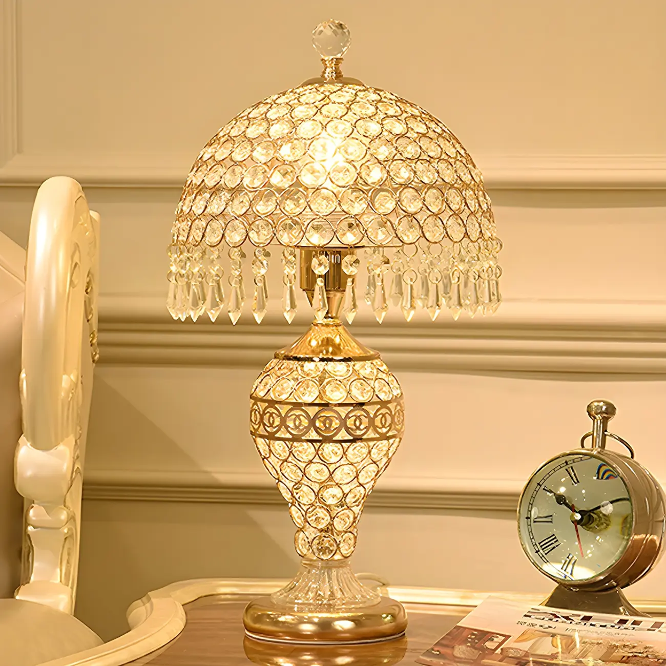 Traditional Luxurious Empire Gold Crystal Bedside Lamps