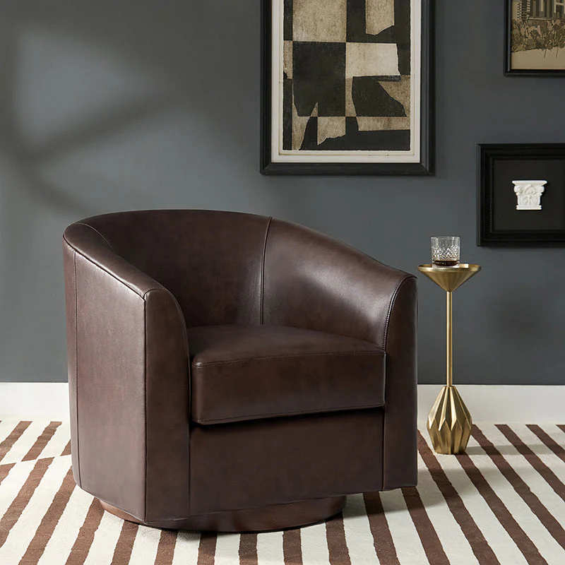 Genuine Leather Swivel Barrel Chair with Recessed Arms & Solid Wood Base | Brown / Sage / Camel | Single Seat
