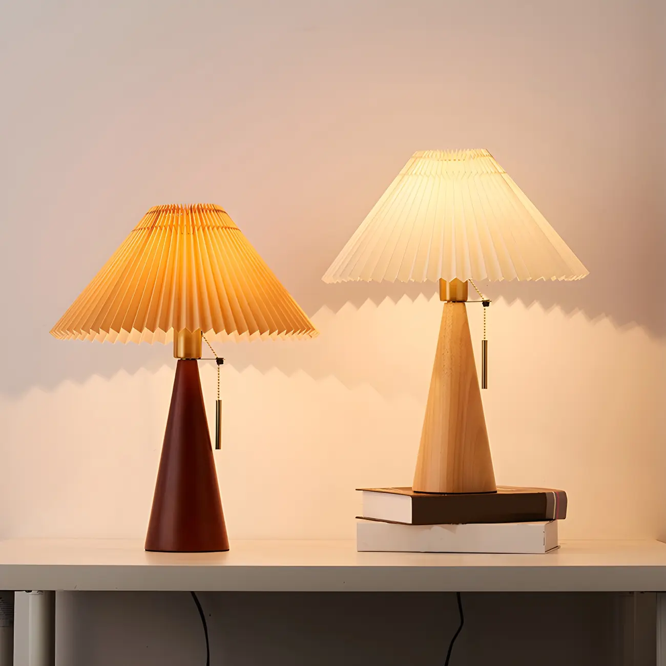 Modern Remote Wood Cone Bedside Table Lamp LED & Fabric