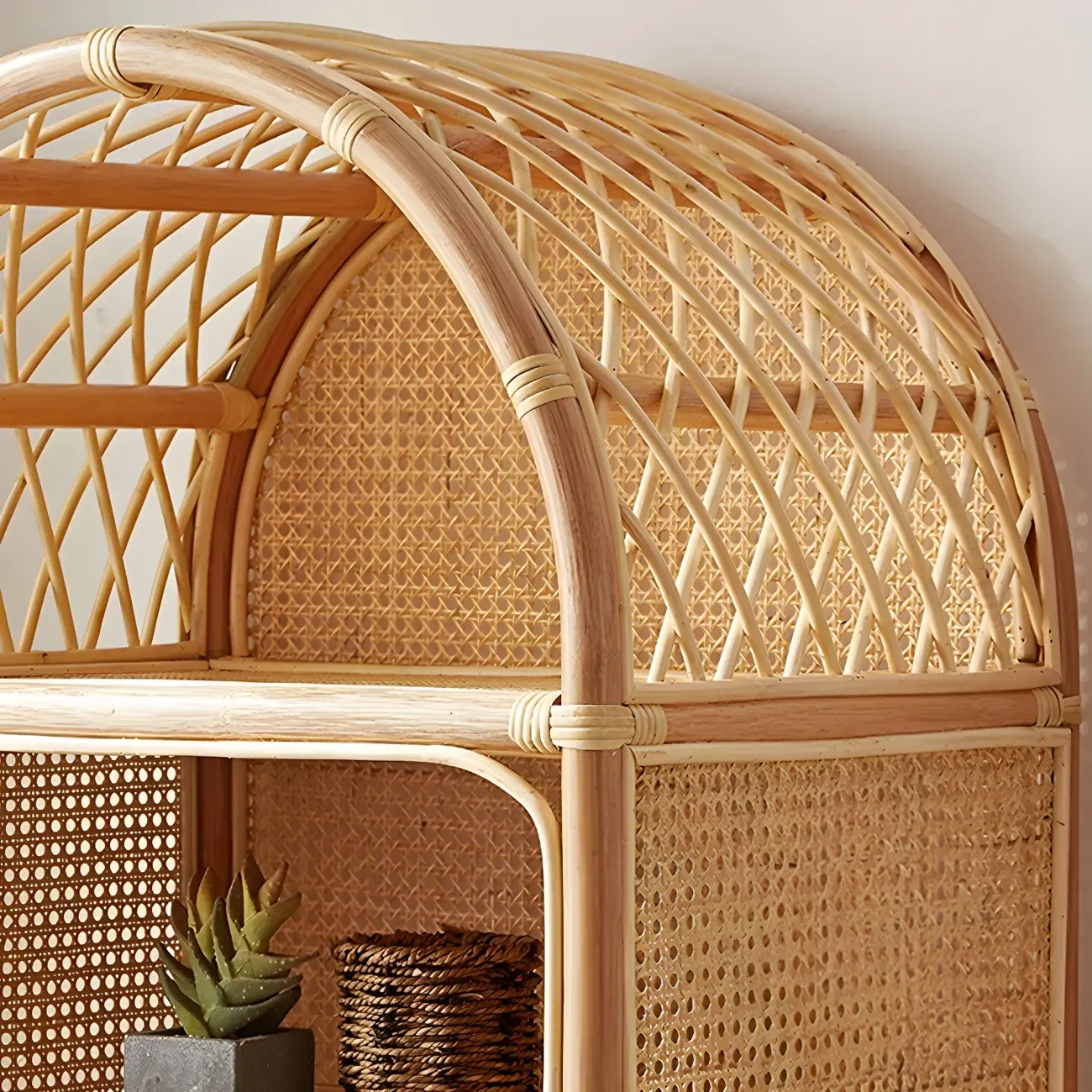 Light Wood Arch Rattan Bookshelf 5-Tier Bookcase