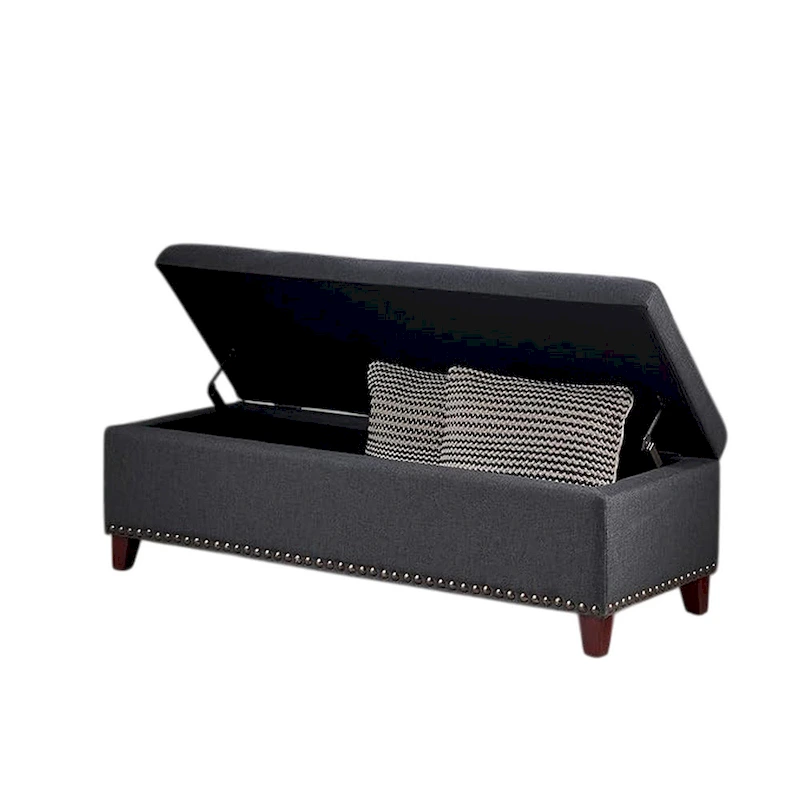 Nancy Storage Ottoman Bench, 51 Inch Dark Gray Fabric,BrassNailhead Trim