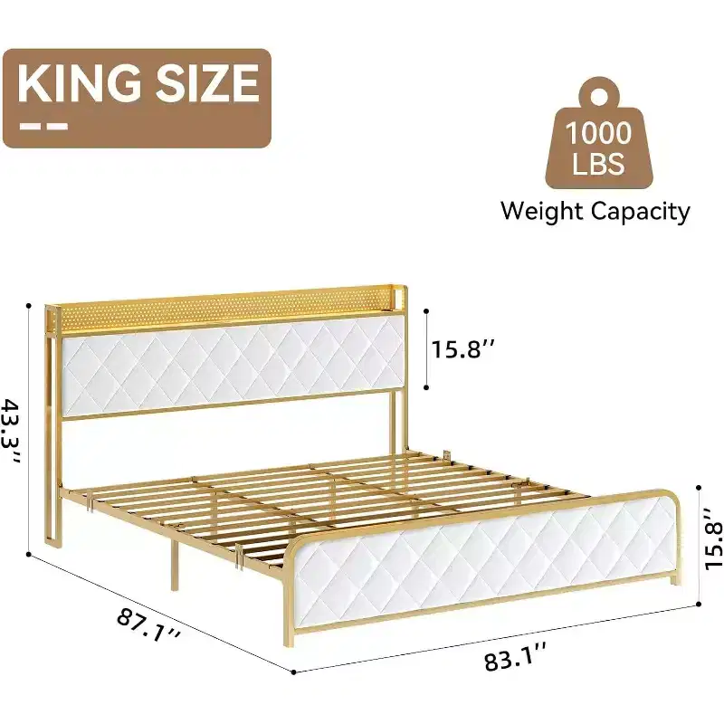 King Size Bed Frame with Charging Station,Upholstered Headboard and Footboard,Platform Bed Frame King with Storage Headboard,Metal Slat Support,Beige