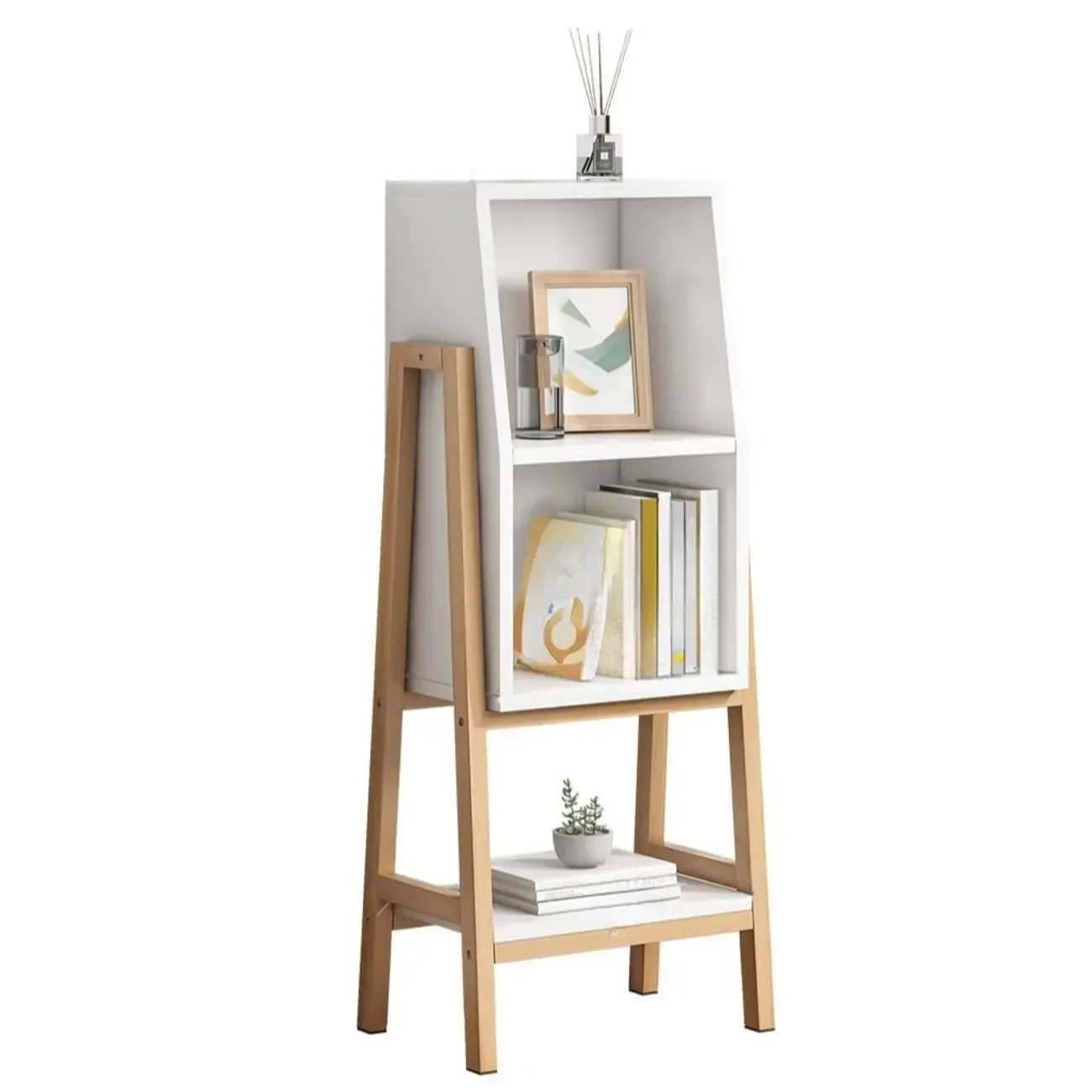 Narrow 2-Tier Natural White Wooden Ladder Bookcase