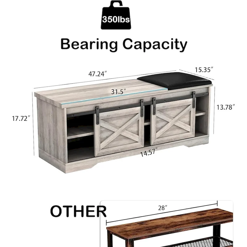 47 Farmhouse Entryway Shoe Bench with Thickened Cushion