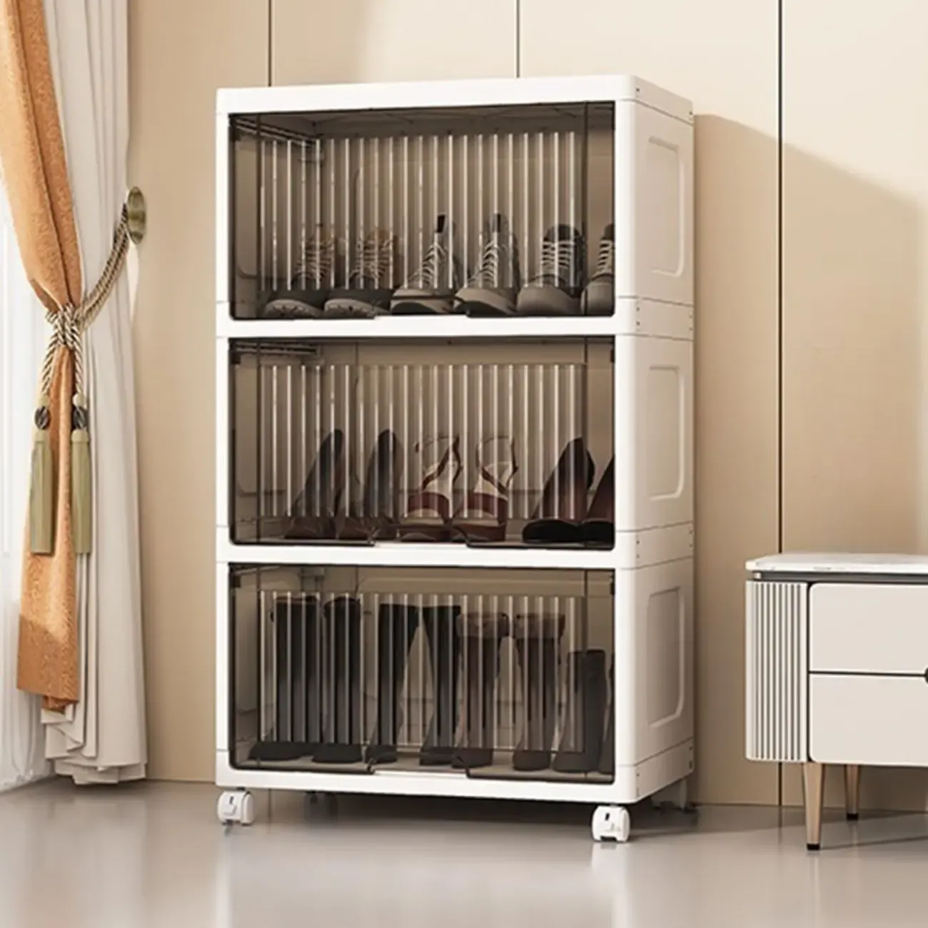 Hallway White Plastic Drop-Front Shoe Cabinet with Casters