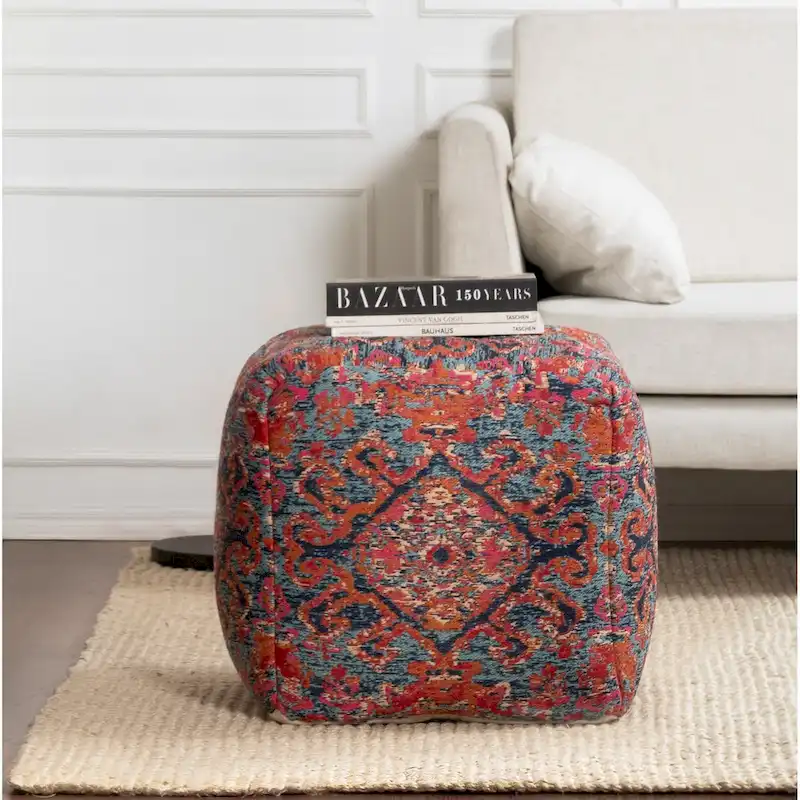 Jani Tofino Red 20-inch Multicolor Square Pouf Ottoman - Handmade Footrest for Living Room, Nursery