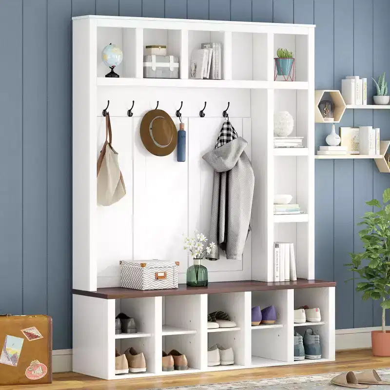 Okak Farmhouse Hall Tree with 6 Hooks, Storage Rack with Storage Bench and Adjustable Shelves, 4-In-1 Coat Rack for Living Room, White+Walnut