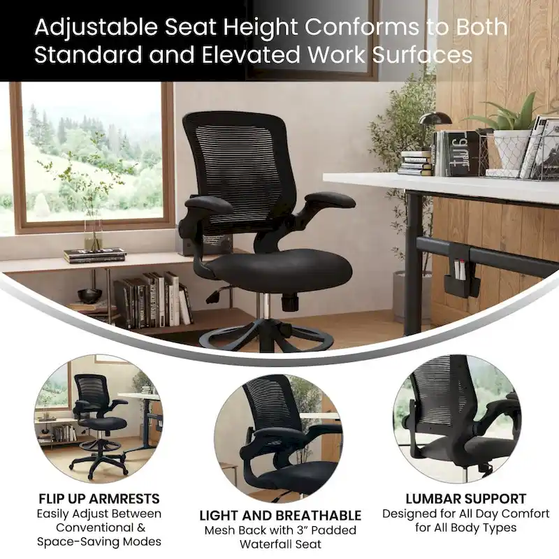 Mid-Back Mesh Ergonomic Drafting Chair with Foot Ring and Flip-Up Arms