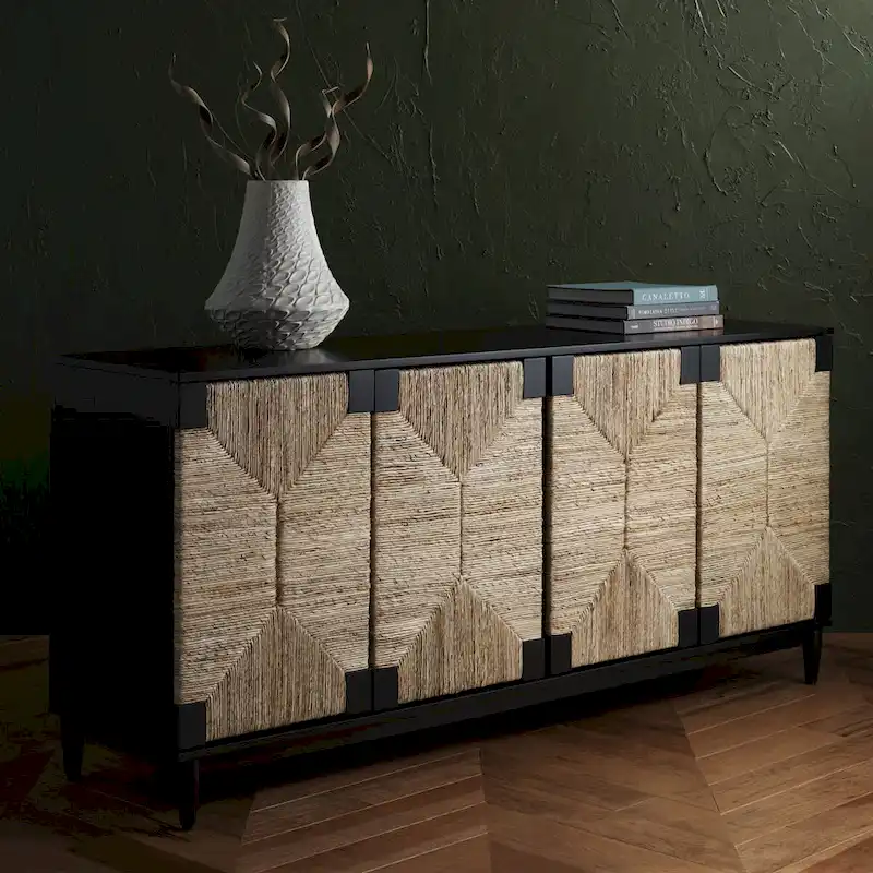 4-Door Banana Stem Woven Sideboard with Mahogany Frame – Black/Natural / Natural