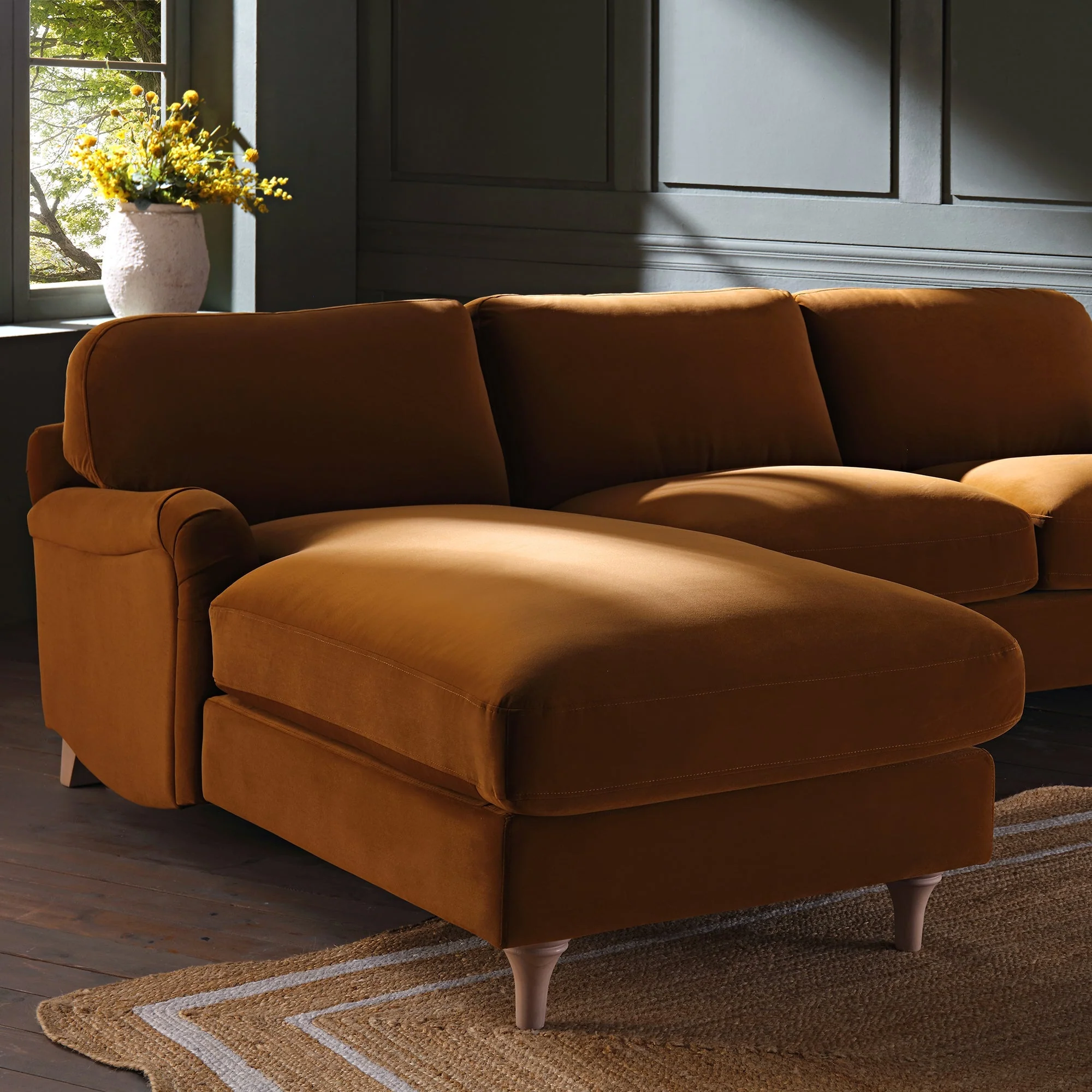 Cinnamon Velvet Sofa, Grande Chaise Sofa Left Hand Facing