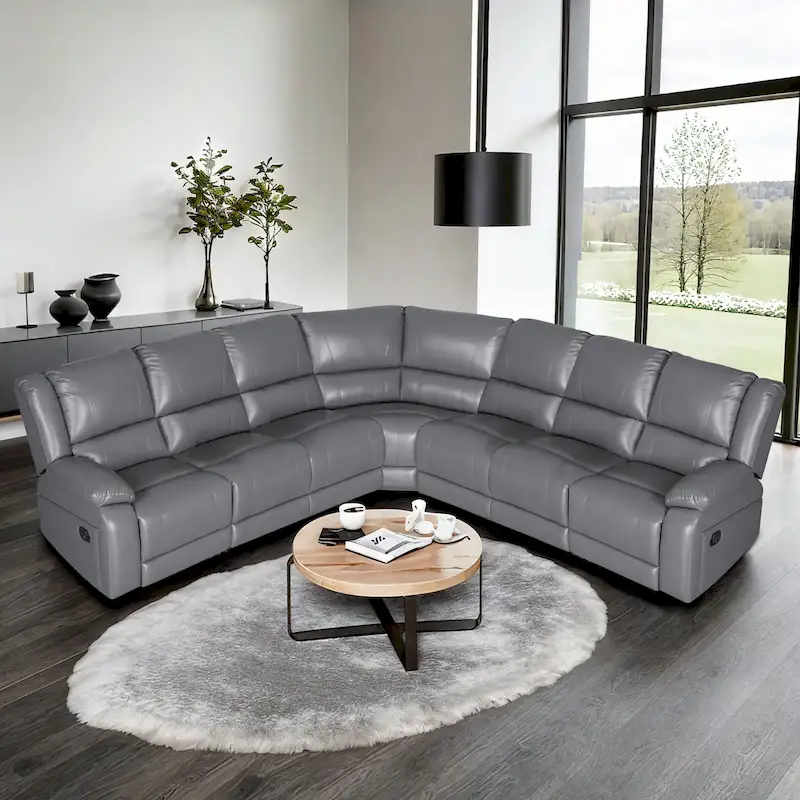 129 W 7-Seat Faux Leather Manual Recliner Large Sectional Reclining Sofa