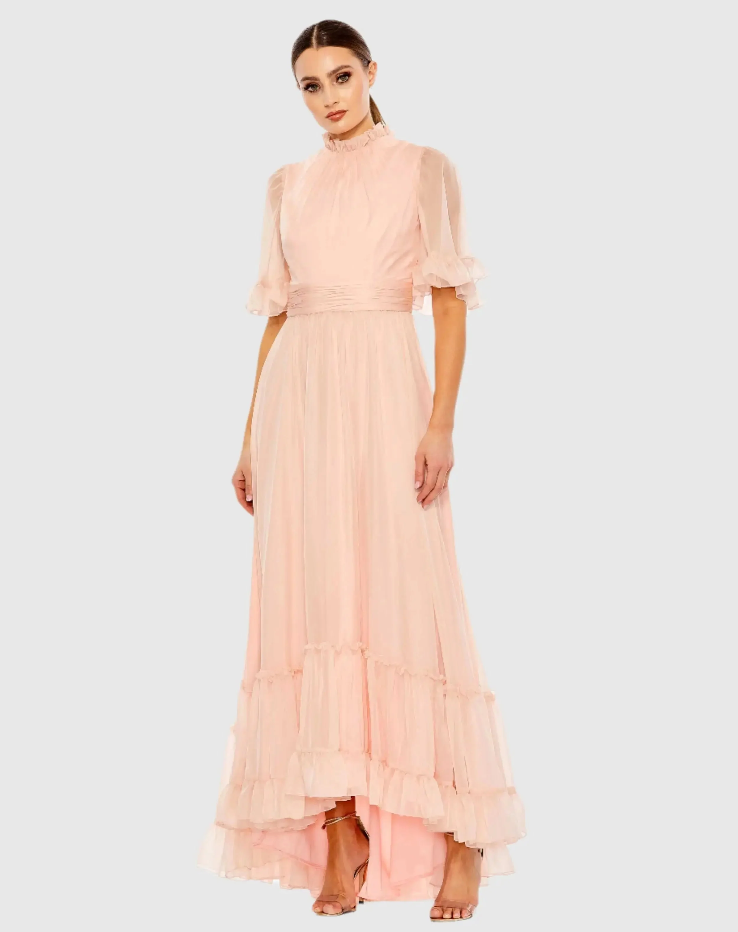 Ruffled Mock Neck Flutter Sleeve High Low Hem Gown
