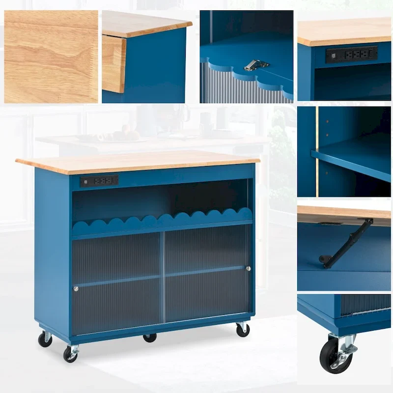 LED Light Kitchen Island on Wheels with Drop Leaf and Power Outlets
