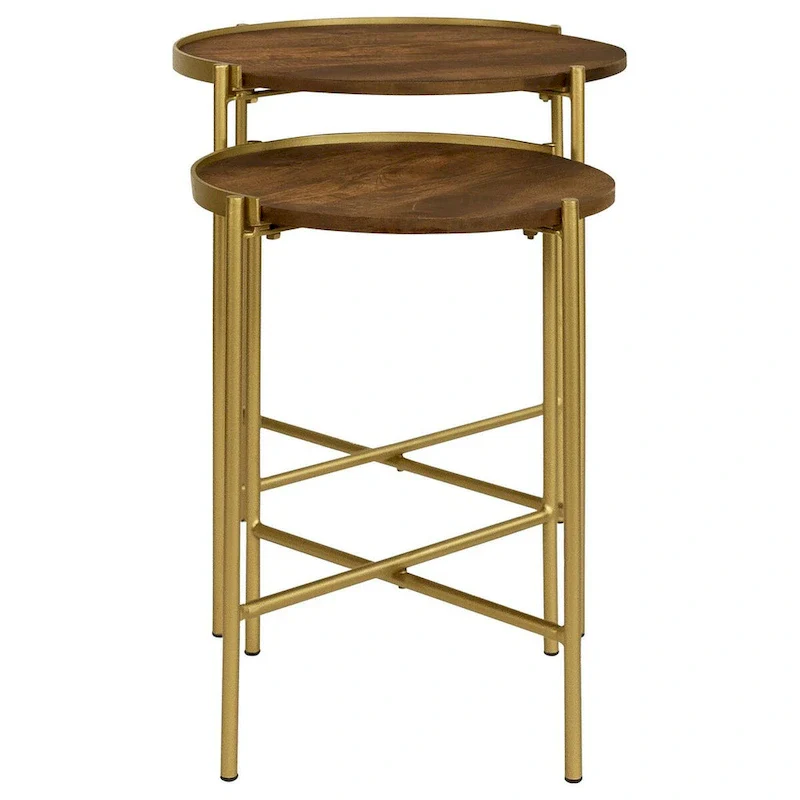 2 Piece Round Nesting Tables, Gold Iron, Modern Mango Wood, Warm Brown