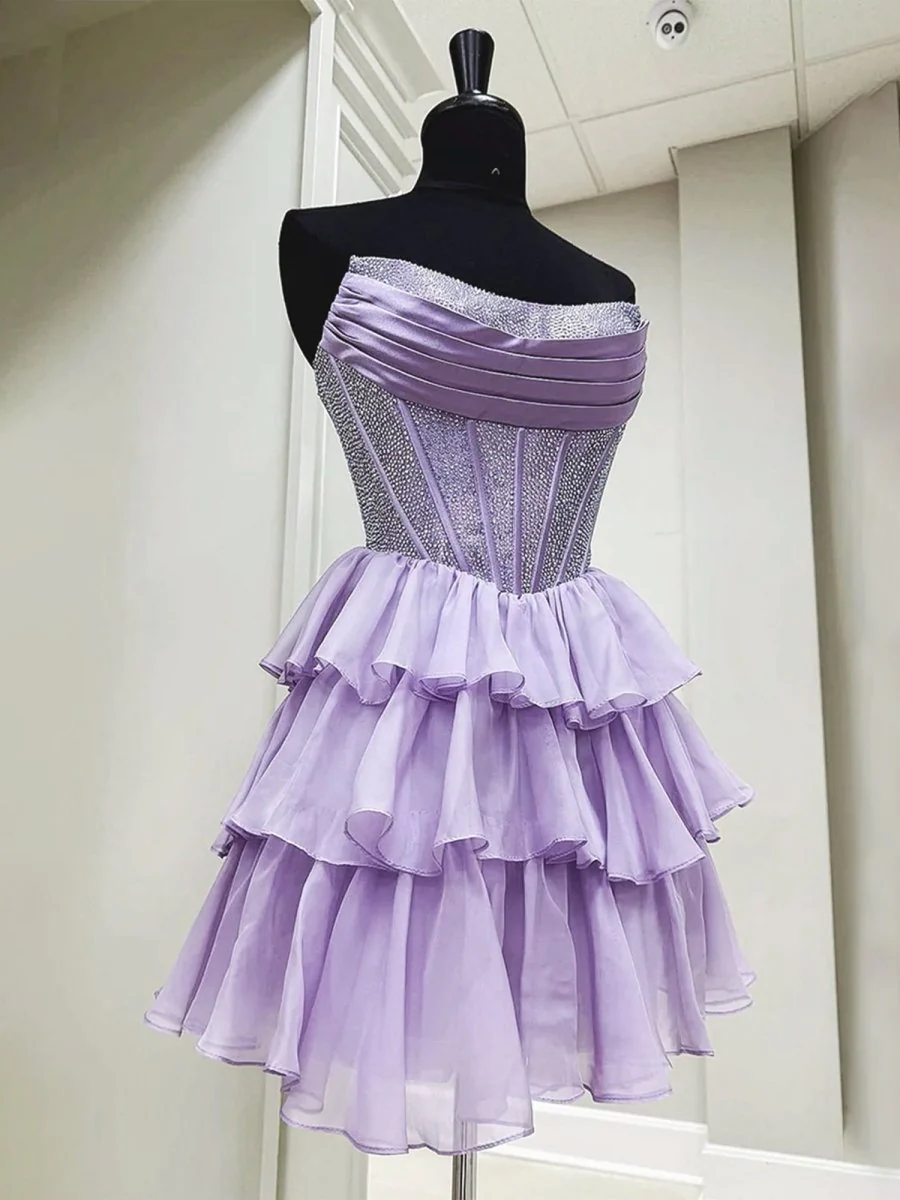 Lilac - Strapless A Line Chiffon Beaded Homecoming Dress With Ruffles