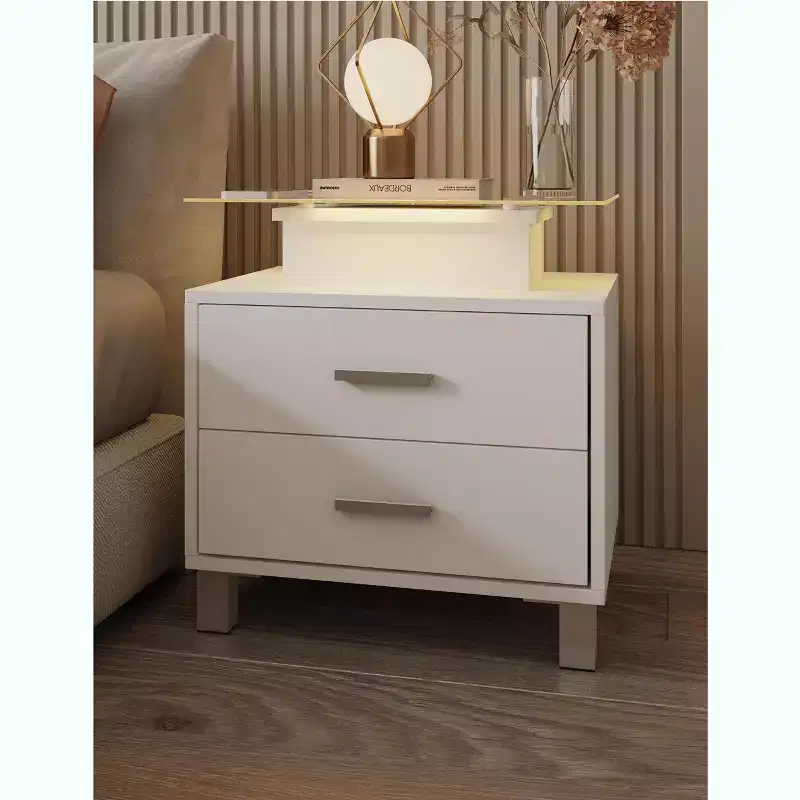 Modern White Nightstand with 2 Drawers, Glass Desktop, Charging Station and LED Lights - Ideal Bedside Table for Bedroom
