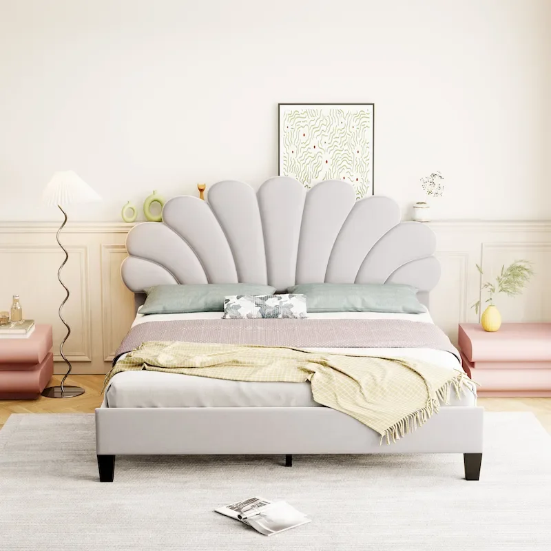 Upholstered Platform Bed with Flower Pattern Headboard