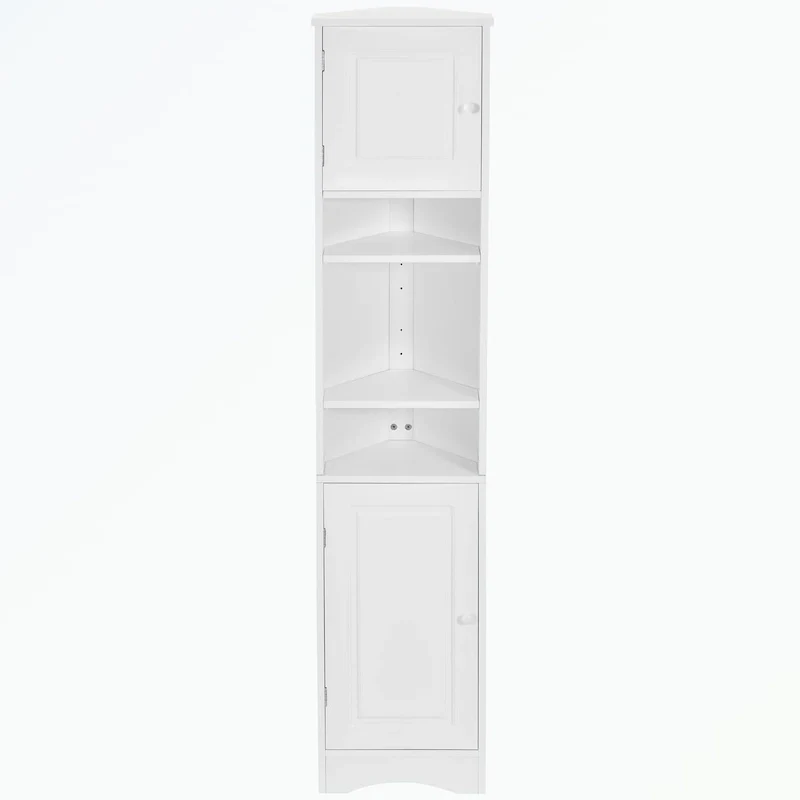 White MDF Tall Corner Bathroom Cabinet with 2 Doors & Adjustable Shelves