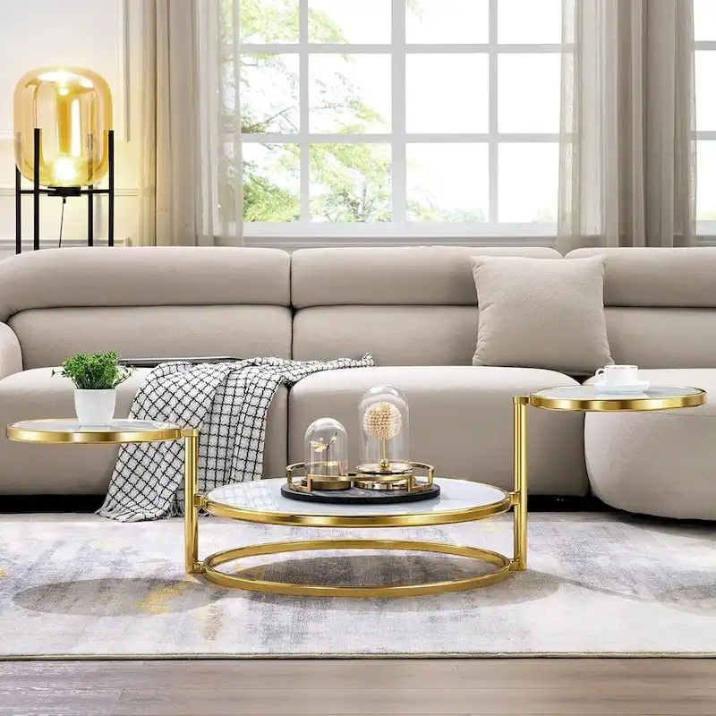 Round Tempered Glass Coffee Table with 3 Tiers 360 Degrees Rotating Top