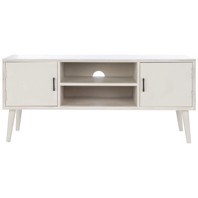 47 in. Mid-Century TV Stand with Open Shelf and 2 Doors – Distressed White / Black / Distressed Grey / Brown