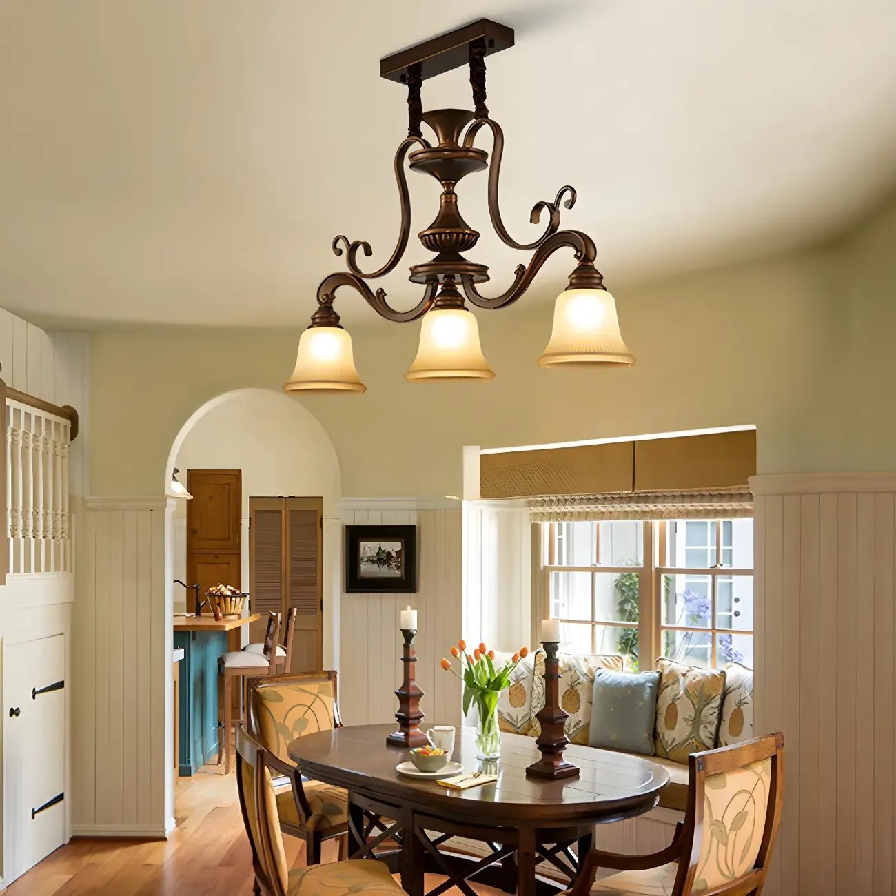 Vintage Brown Metal Frosted Glass Island Pendant Light