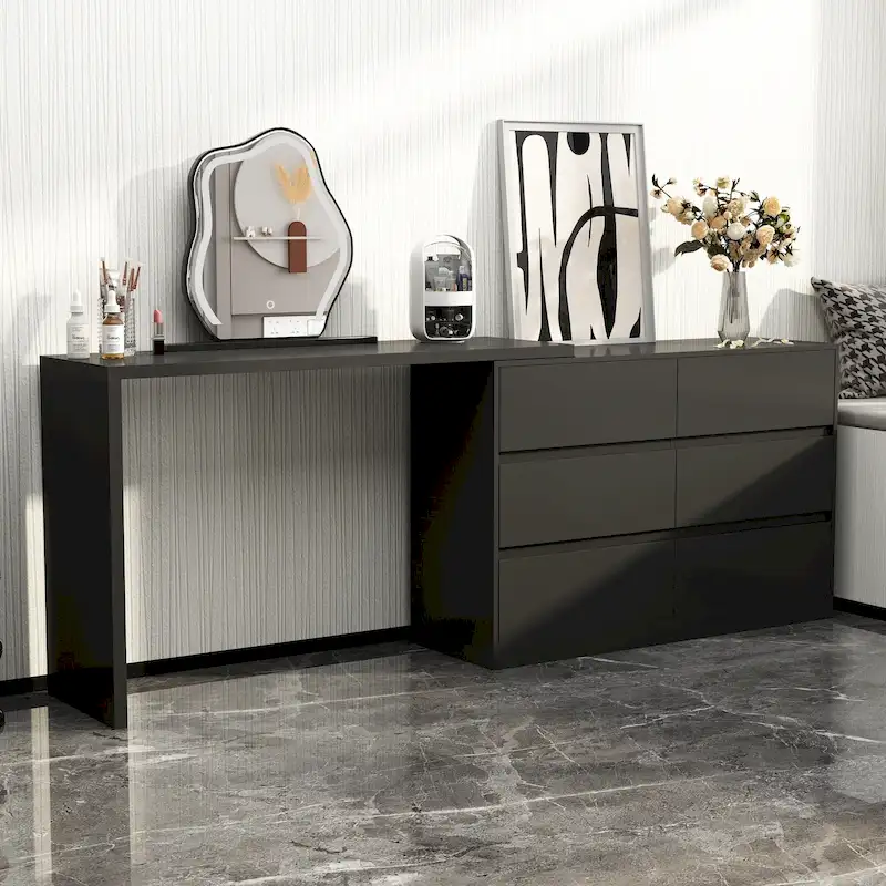 White/Black 6-Drawer Rotating Dresser & Desk Combo, 1-Person