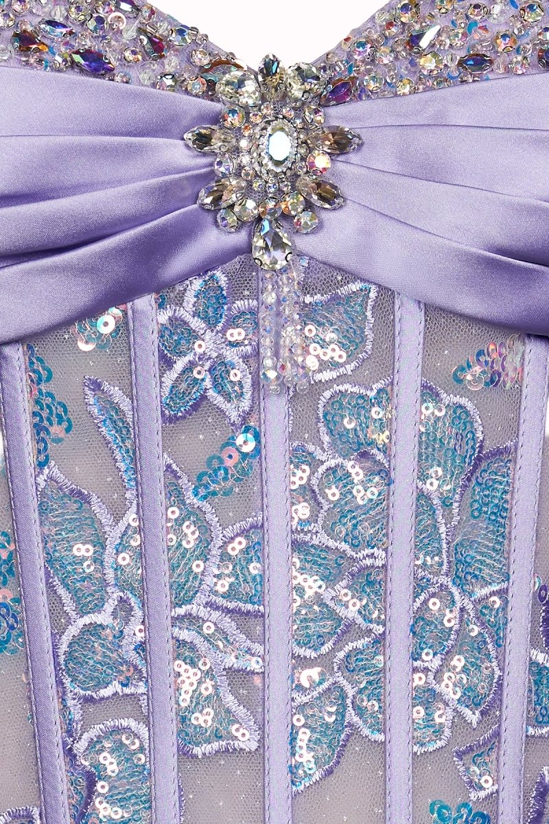 Lilac Sheath Strapless Tulle Pleated Long Prom Dresses With Beading