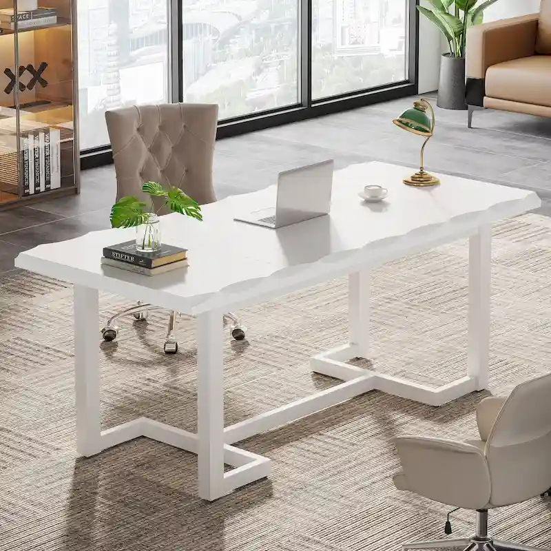 63 Inches Computer Desk, Rectangular Writing Table with Solid Wood Legs and Thickened Desktop