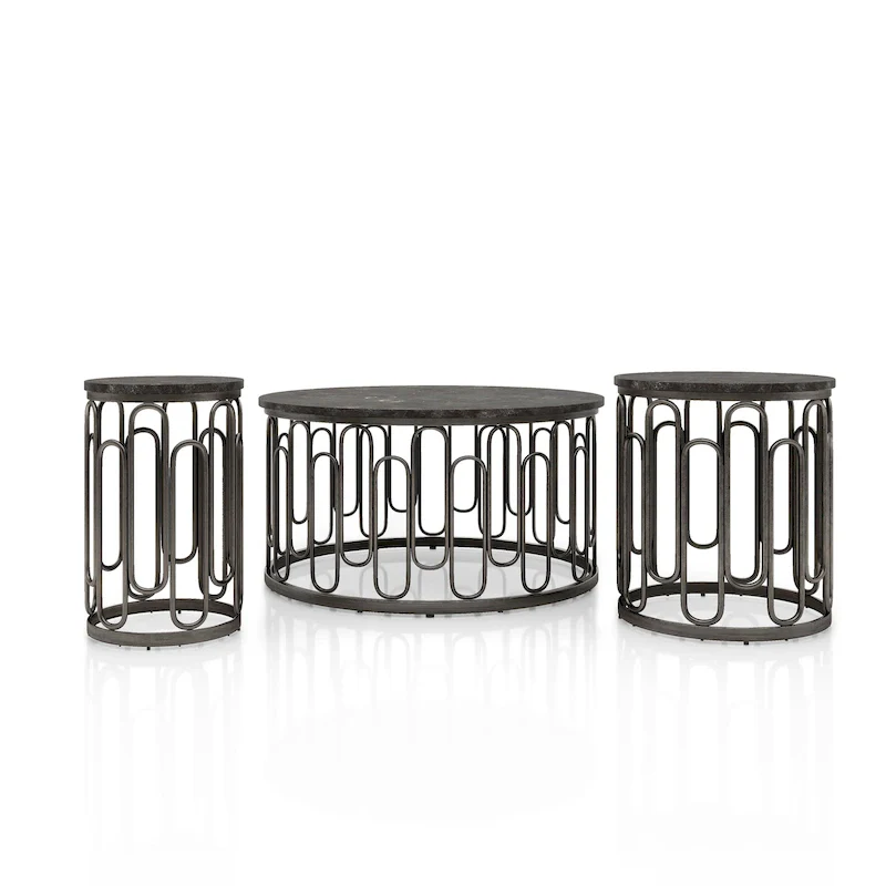 Modern 3-Piece Round Table Set with Marble Top and Decorative Metal Base