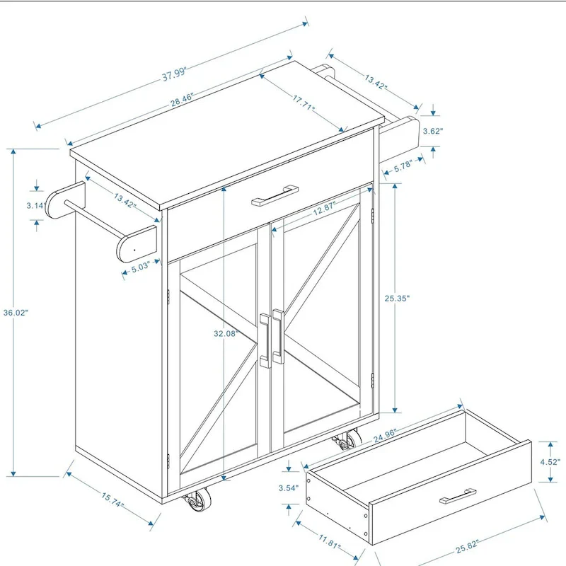 White Rubber Wood Kitchen Cart with Adjustable Shelves, Towel Rack