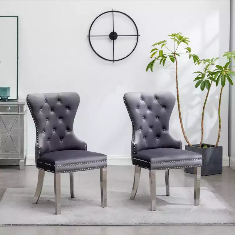 Roundhill Furniture Montura Contemporary Tufted Velvet Chair with Nailhead Trim, Gray, Set of 2