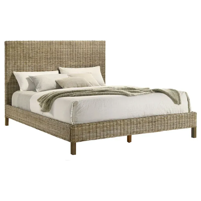 Ayla King Size Bed, Rattan Woven Design, Panel Headboard, Gray Mahogany