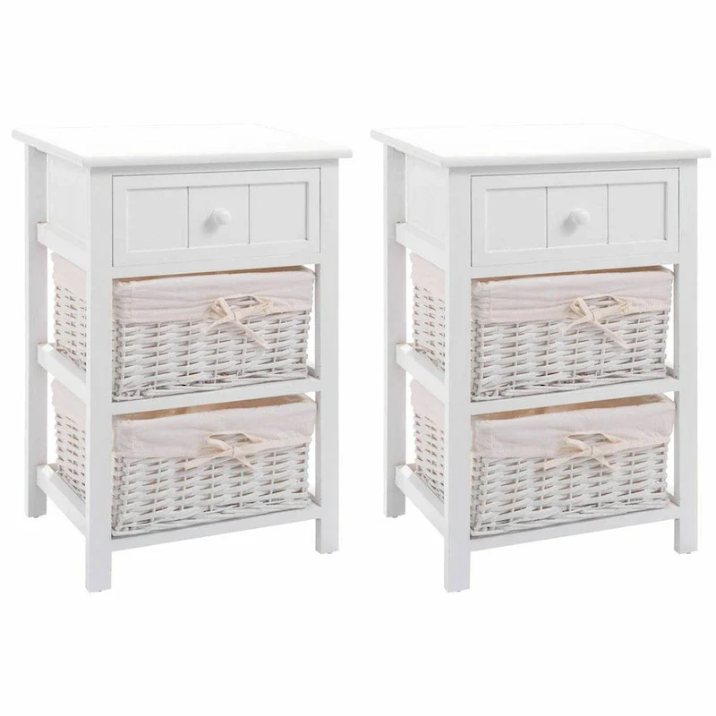 3 Layer Set of 2 Wooden Bedside End Table with 2 Wicker Baskets and 1 Drawer - 16 x 12 x 25(L x W x H)