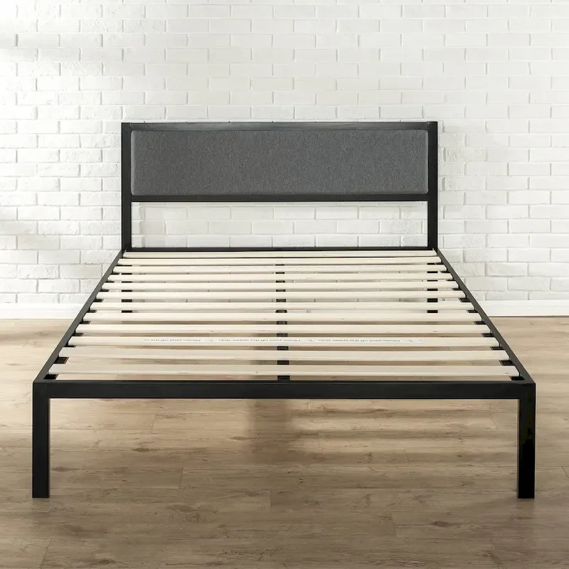 Black Steel Platform Bed Frame with Grey Fabric Headboard, 1-Person