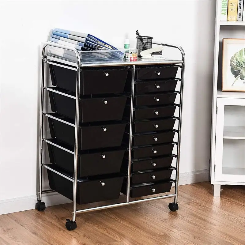 Clear / Black 15-Drawer Rolling Storage Cart, Single-User