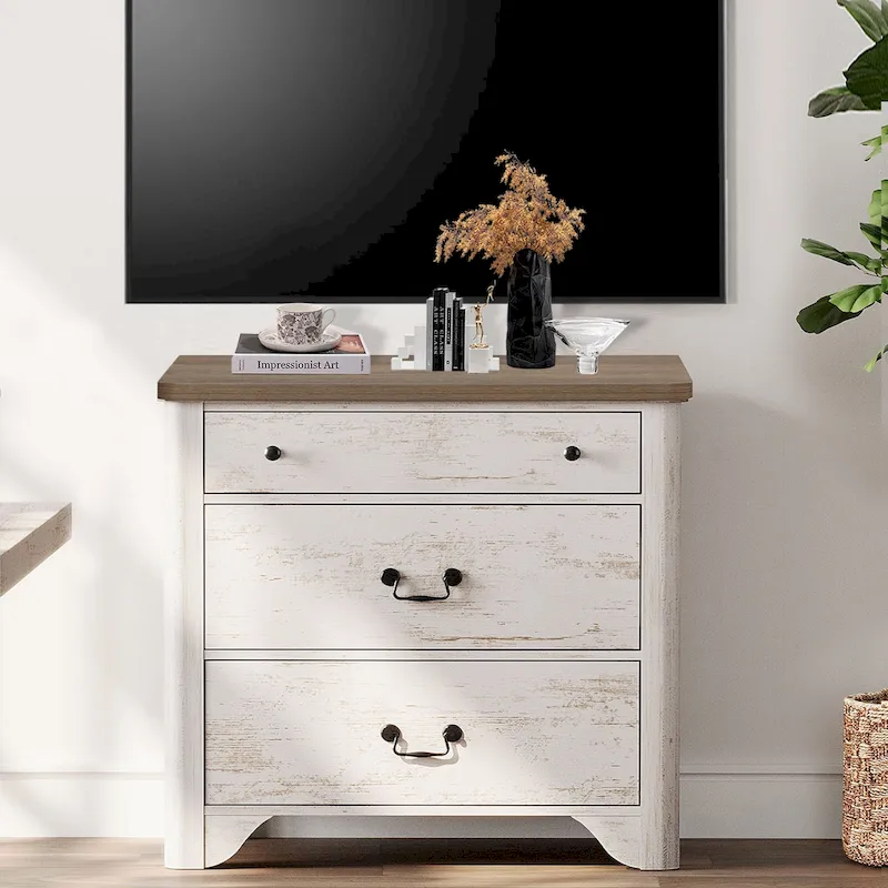 White Farmhouse TV Stand with 3 Drawers, for 1–2 People